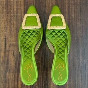 Sam Edelman Lime Green Quilted Pointed Toe Mules with Gold Buckle